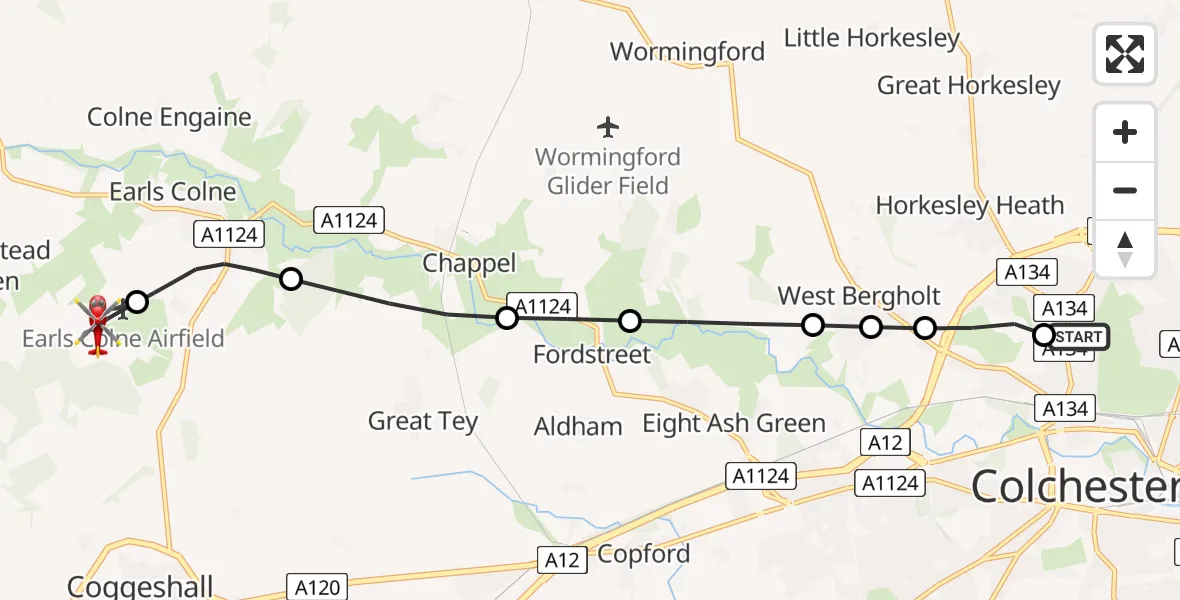 Flight route Air Ambulance Helicopter Colchester Hospital - Earls Colne Airfield, 01 July 2026, 17:17