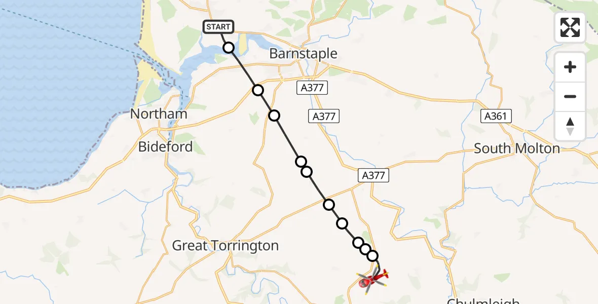 Flight route Air Ambulance Helicopter Royal Marines Base Chivenor - Eaglescott Airfield, 01 July 2026, 17:18