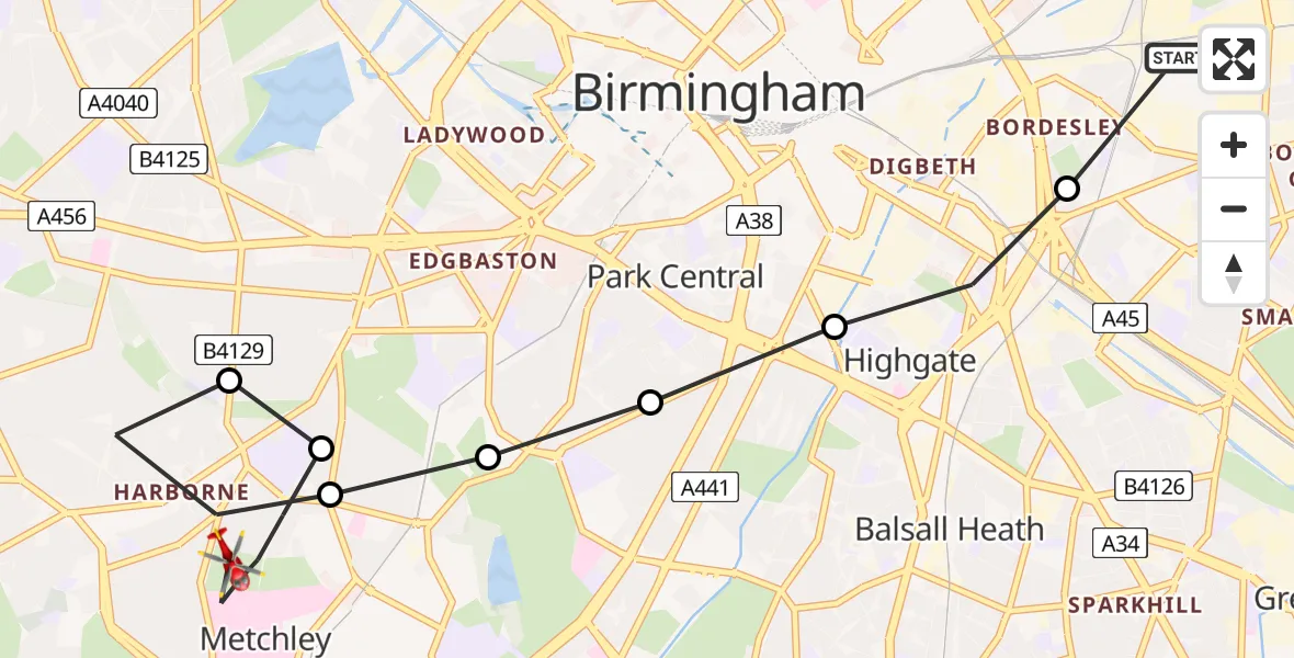 Flight route Air Ambulance Helicopter Saltley - Metchley, 01 July 2026, 17:19