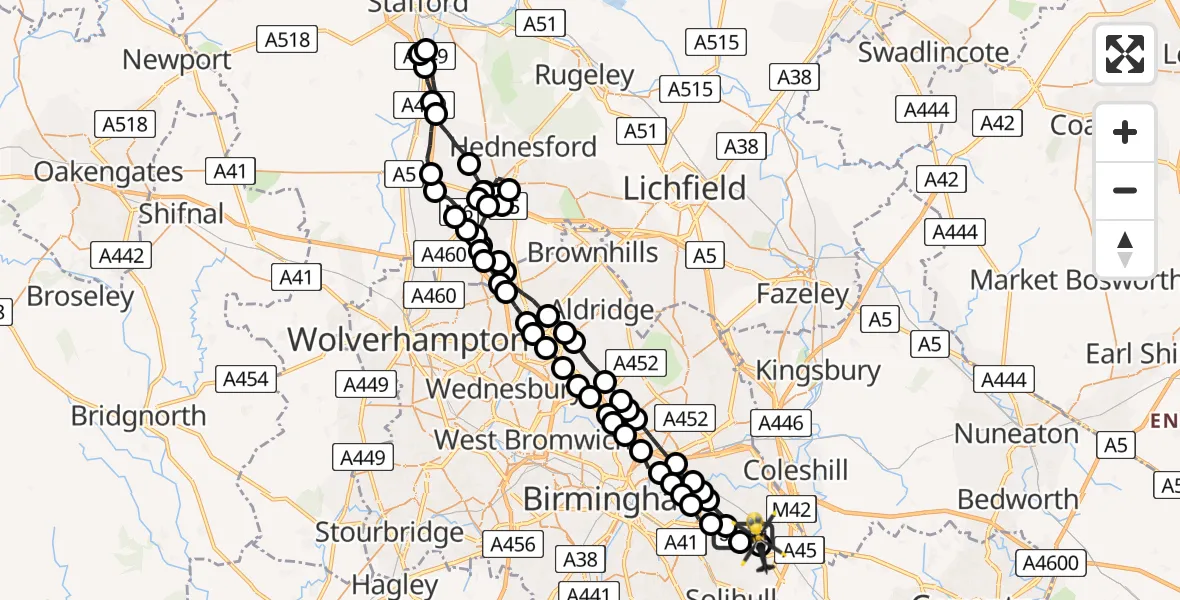 Flight route Police Helicopter Sheldon - Birmingham Airport, 01 July 2026, 17:21