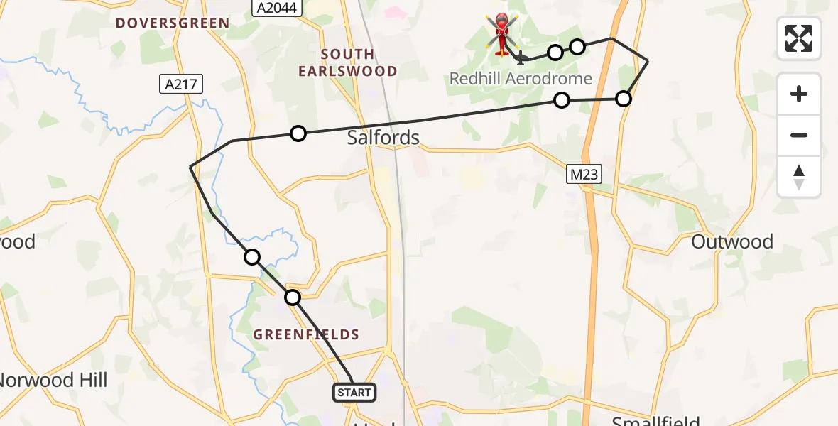 Flight route Air Ambulance Helicopter Horley - Redhill Aerodrome, 01 July 2026, 17:21