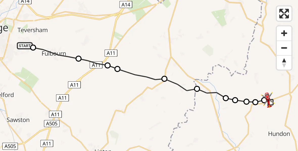 Flight route Air Ambulance Helicopter Cambridge - Stradishall, 01 July 2026, 17:30
