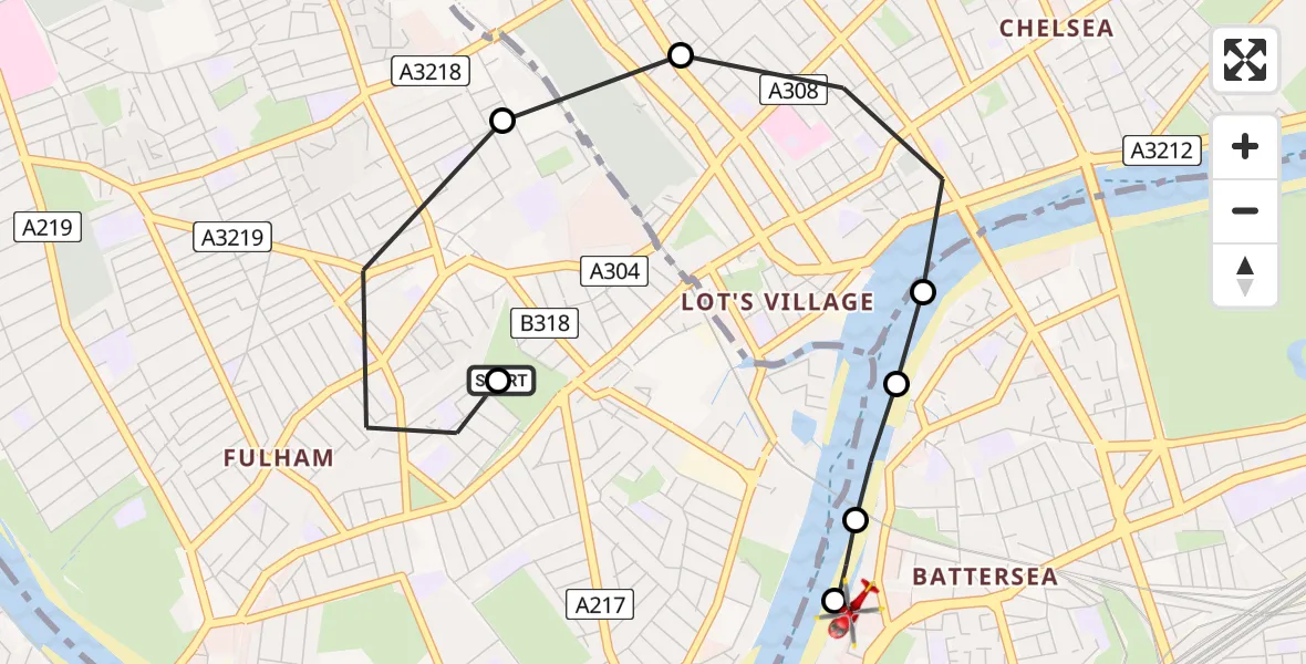 Flight route Air Ambulance Helicopter Fulham - London Heliport, 01 July 2026, 17:30