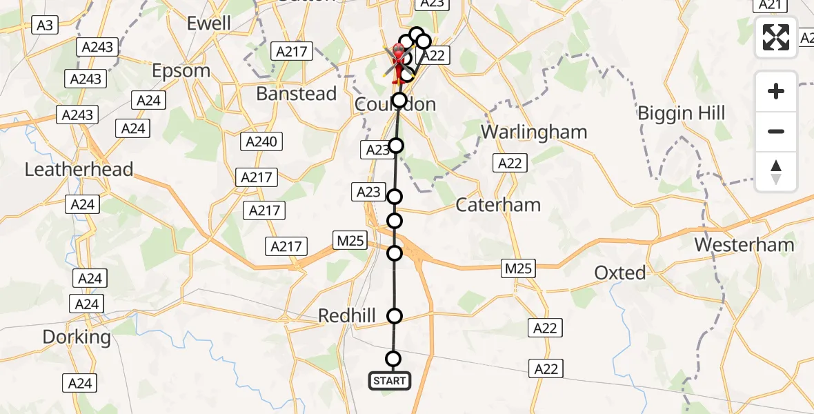 Flight route Air Ambulance Helicopter Redhill Aerodrome - Croydon, 01 July 2026, 17:32