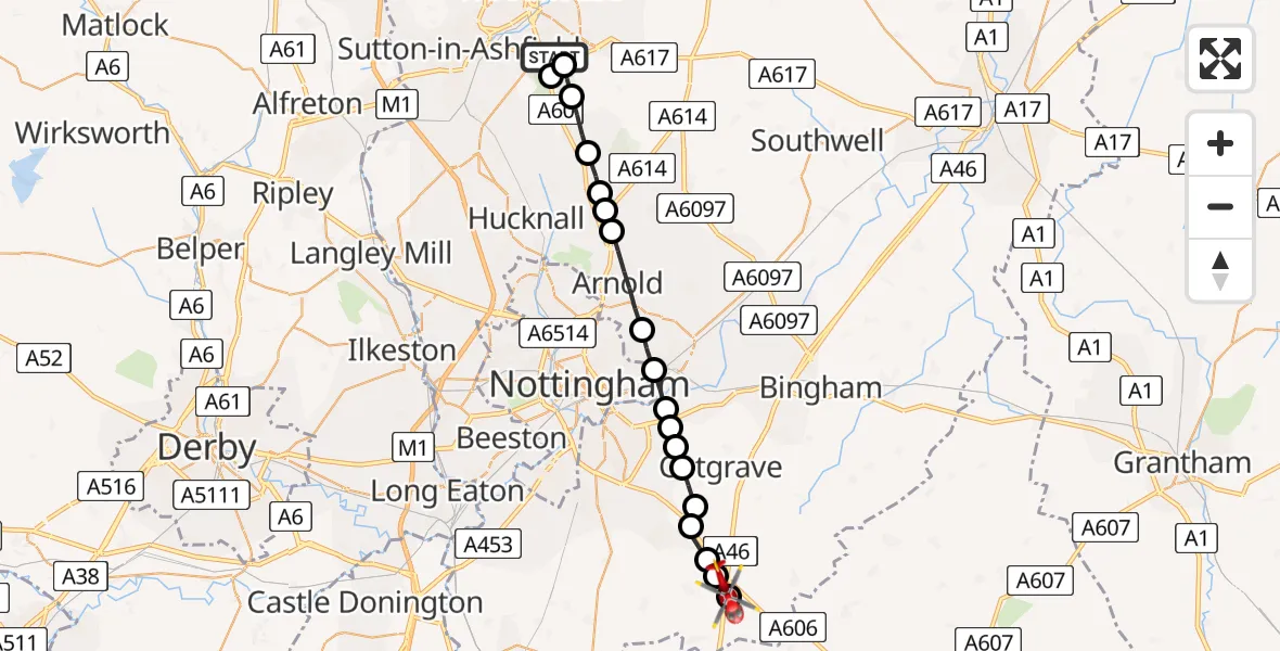 Flight route Air Ambulance Helicopter Mansfield - Rushcliffe, 01 July 2026, 17:42