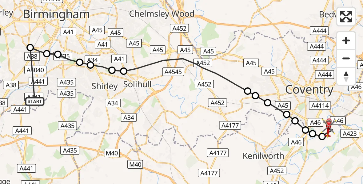 Flight route Air Ambulance Helicopter Hawkesley - Coventry Airport, 01 July 2026, 17:43