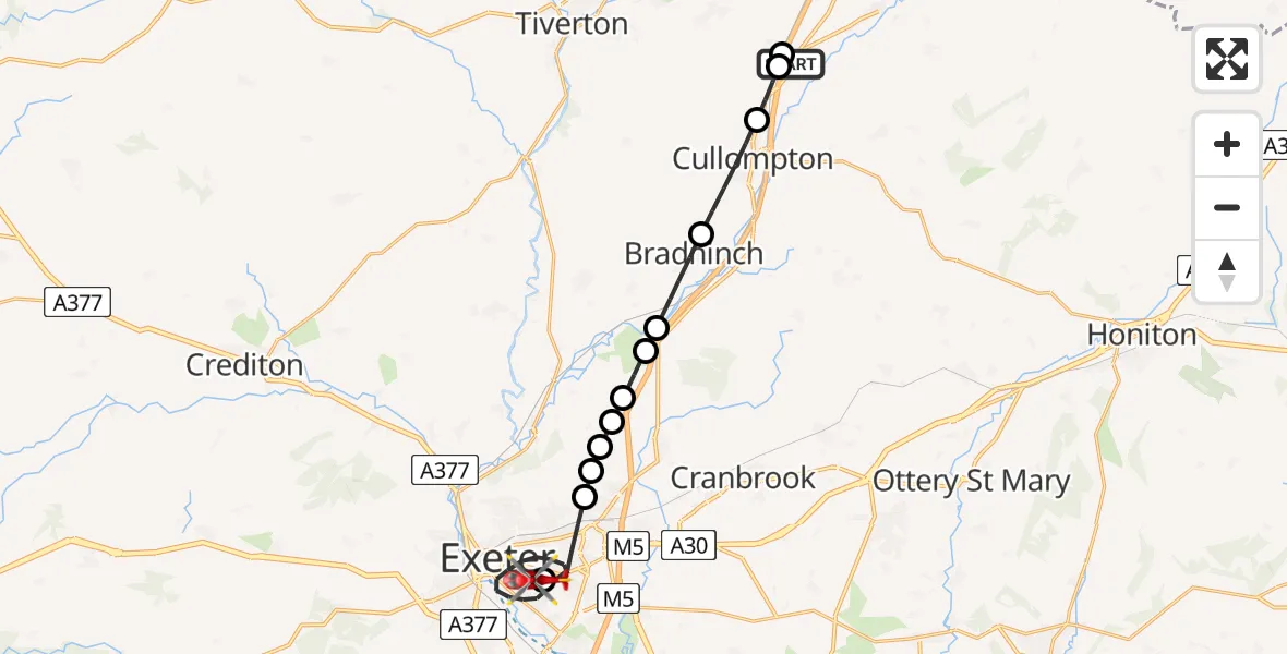 Flight route Air Ambulance Helicopter Willand - Royal Devon & Exeter Hospital, 01 July 2026, 17:44