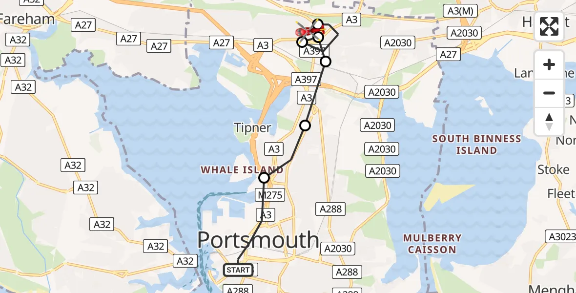 Flight route Air Ambulance Helicopter Old Portsmouth - Queen Alexandra Hospital, 01 July 2026, 17:49