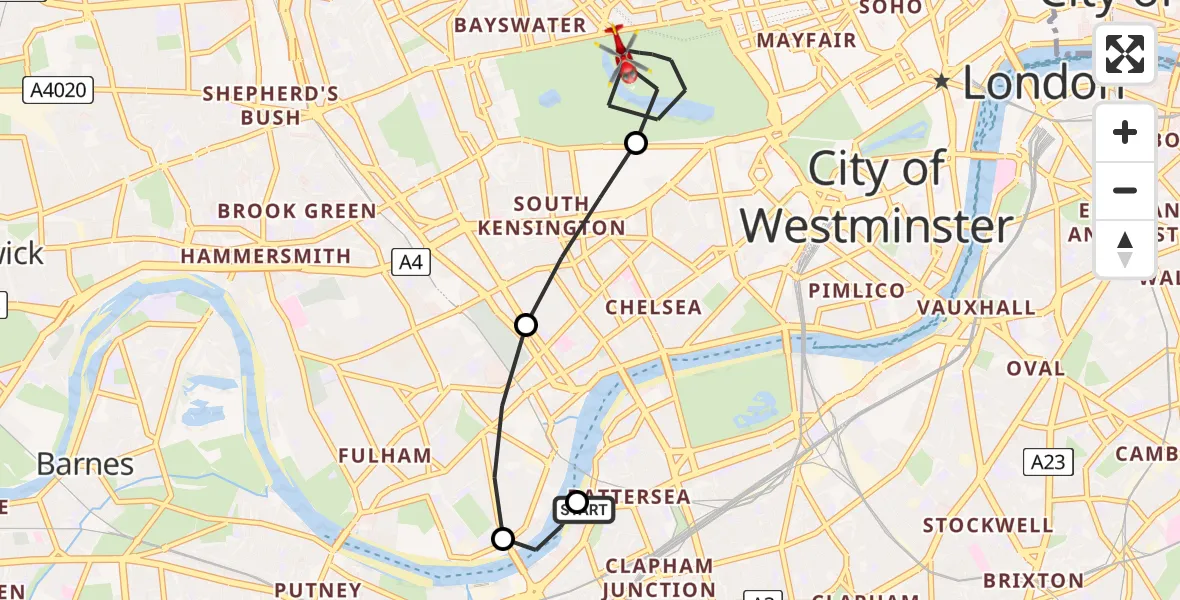 Flight route Air Ambulance Helicopter London Heliport - City of Westminster, 01 July 2026, 17:49