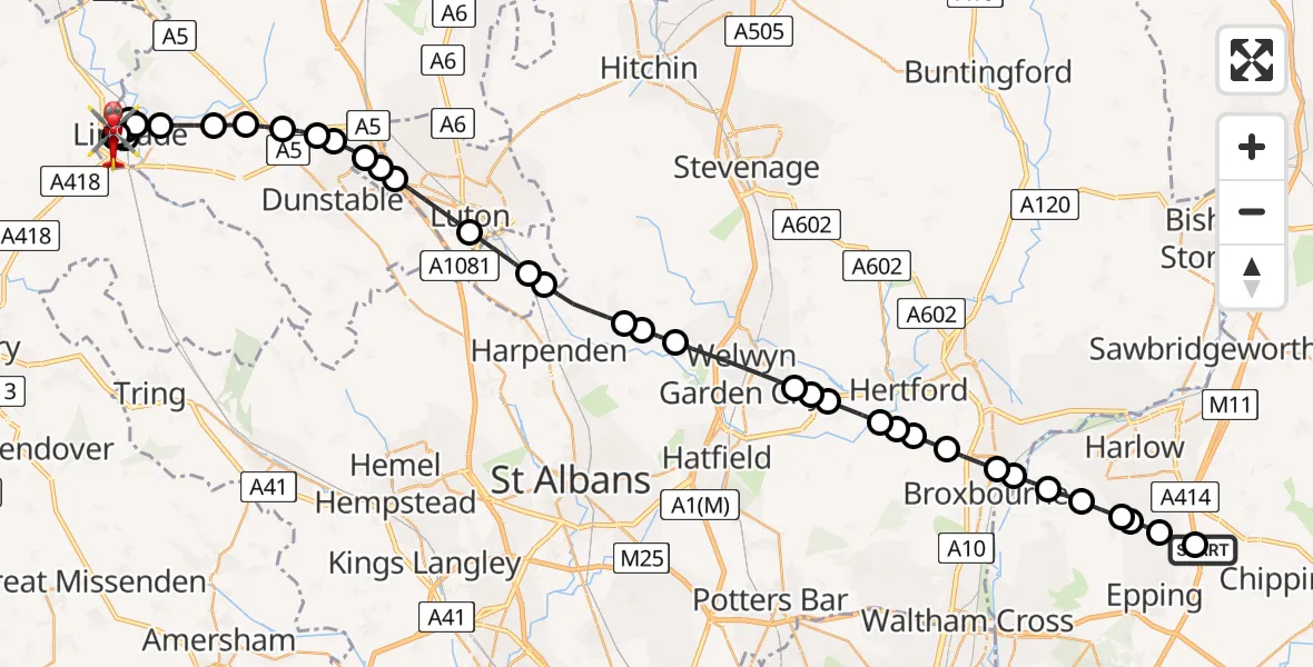 Flight route Air Ambulance Helicopter North Weald Airfield - Linslade, 01 July 2026, 17:53