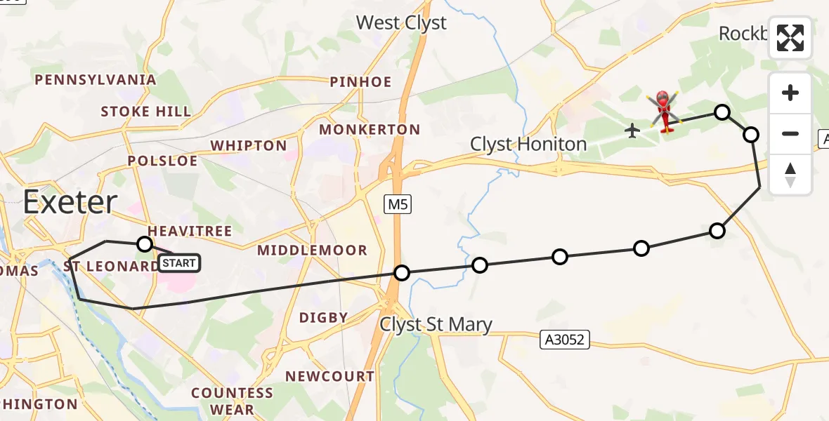Flight route Air Ambulance Helicopter Royal Devon & Exeter Hospital - Exeter International Airport, 01 July 2026, 18:06