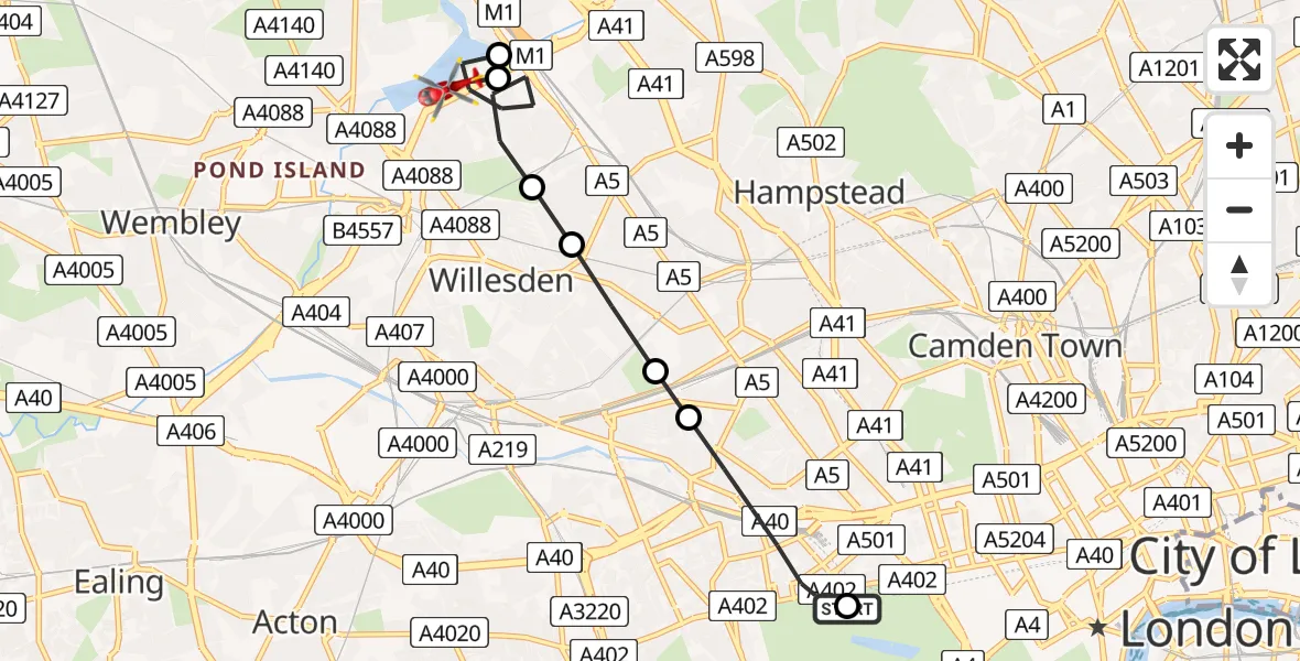 Flight route Air Ambulance Helicopter City of Westminster - Dollis Hill, 01 July 2026, 18:10