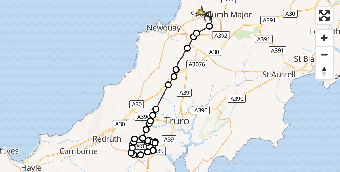 Flight route Police Helicopter Frogpool - Cornwall Airport Newquay, 01 July 2026, 18:12