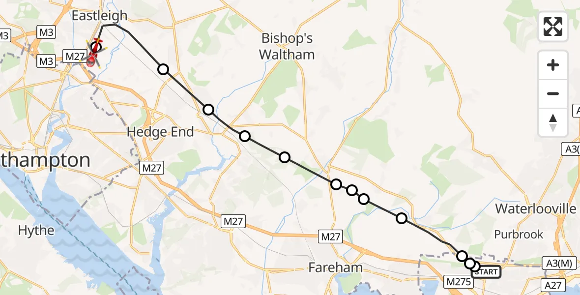 Flight route Air Ambulance Helicopter Queen Alexandra Hospital - Southampton Airport, 01 July 2026, 18:27
