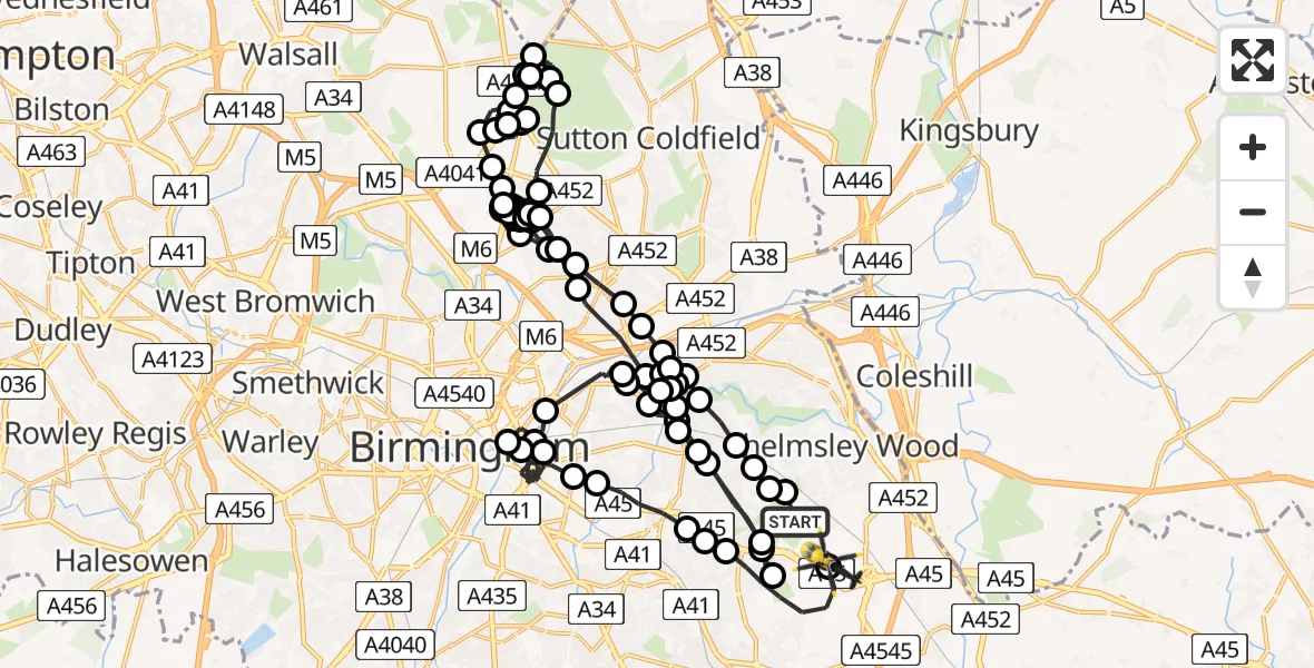 Flight route Police Helicopter Birmingham Airport - Birmingham Airport, 01 July 2026, 18:27