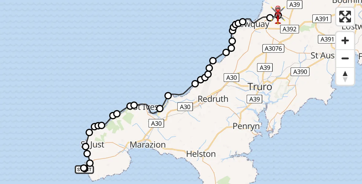 Flight route Air Ambulance Helicopter Sennen Cove - Cornwall Airport Newquay, 01 July 2026, 18:32