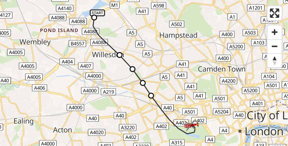 Flight route Air Ambulance Helicopter Dollis Hill - City of Westminster, 01 July 2026, 18:42