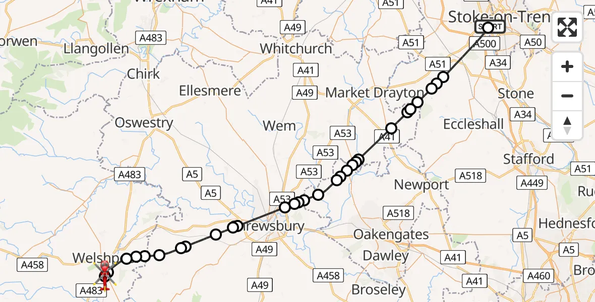 Flight route Air Ambulance Helicopter University Hospital North Staffs - Welshpool Airport, 01 July 2026, 18:44