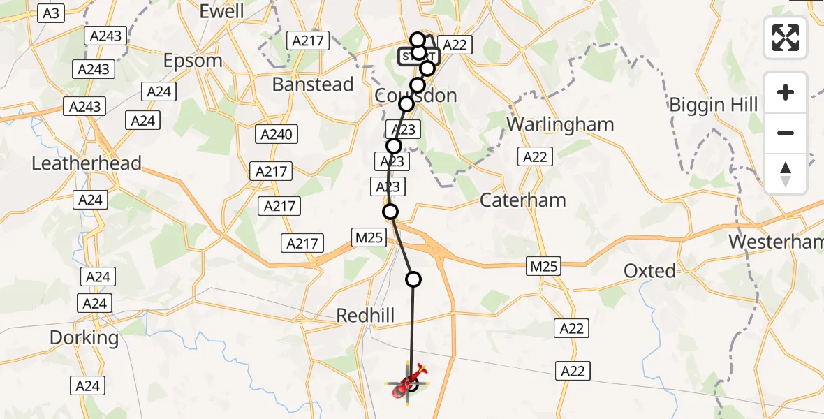 Flight route Air Ambulance Helicopter Lord Roberts on The Green - Redhill Aerodrome, 01 July 2026, 18:49