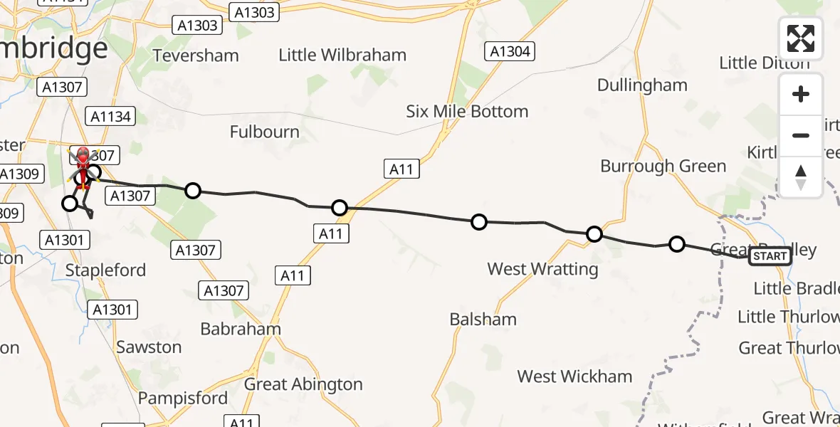 Flight route Air Ambulance Helicopter Great Bradley - Addenbrooke's Hospital Helipad, 01 July 2026, 18:55