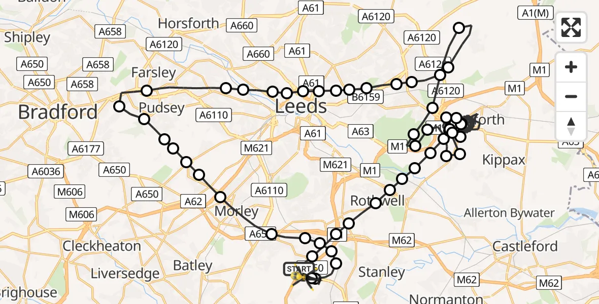 Flight route Police Helicopter East Ardsley - East Ardsley, 01 July 2026, 19:00