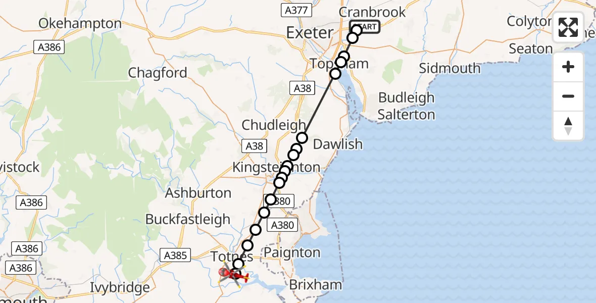 Flight route Air Ambulance Helicopter Exeter International Airport - Ashprington, 01 July 2026, 19:18