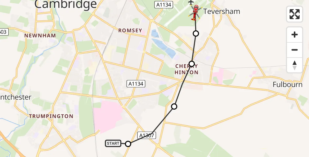 Flight route Air Ambulance Helicopter Addenbrooke's Hospital Helipad - Cambridge City Airport, 01 July 2026, 19:29