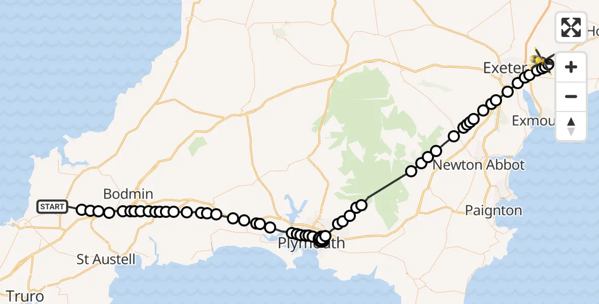 Flight route Police Helicopter St. Columb Major - Exeter International Airport, 01 July 2026, 19:36