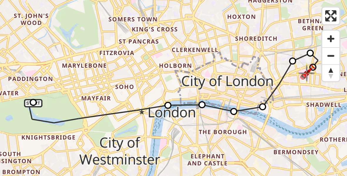 Flight route Air Ambulance Helicopter City of Westminster - Royal London Hospital, 01 July 2026, 19:36