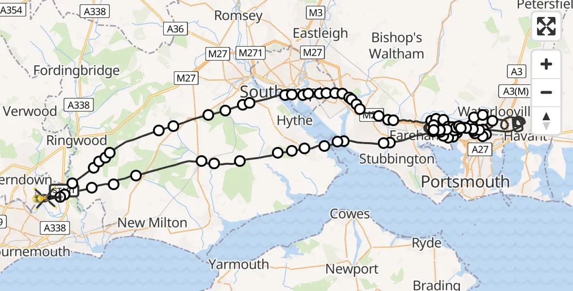Flight route Police Helicopter Hurn - Bournemouth Airport, 01 July 2026, 19:41