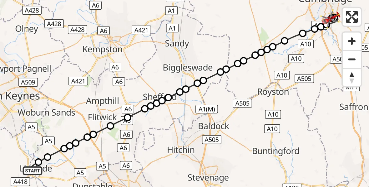 Flight route Air Ambulance Helicopter Linslade - Papworth Hospital, 01 July 2026, 19:44