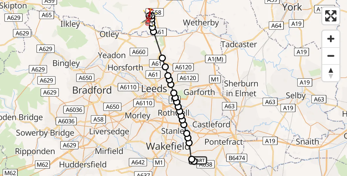 Flight route Air Ambulance Helicopter YAA Nostell Helicopter Port - Huby, 01 July 2026, 19:45