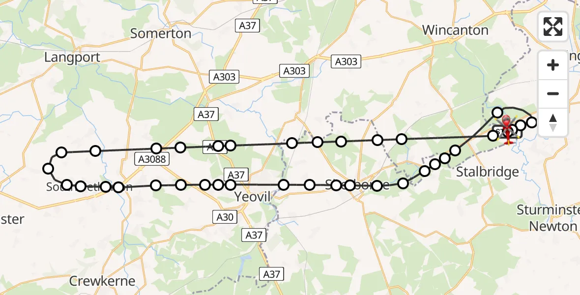 Flight route Air Ambulance Helicopter Henstridge Airfield - Henstridge Airfield, 01 July 2026, 20:02