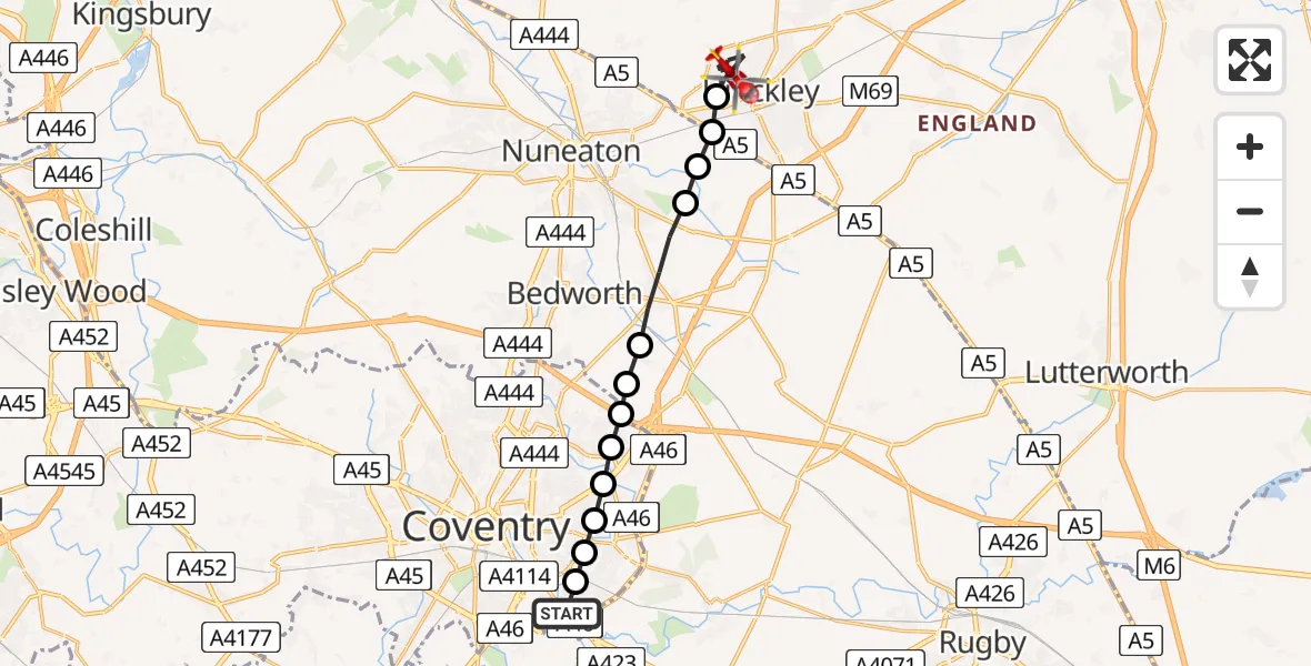 Flight route Air Ambulance Helicopter Willenhall - Hinckley, 01 July 2026, 20:12