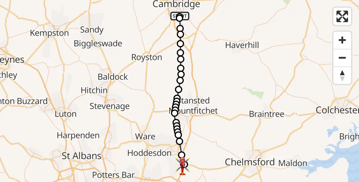Flight route Air Ambulance Helicopter Papworth Hospital - North Weald Airfield, 01 July 2026, 20:21