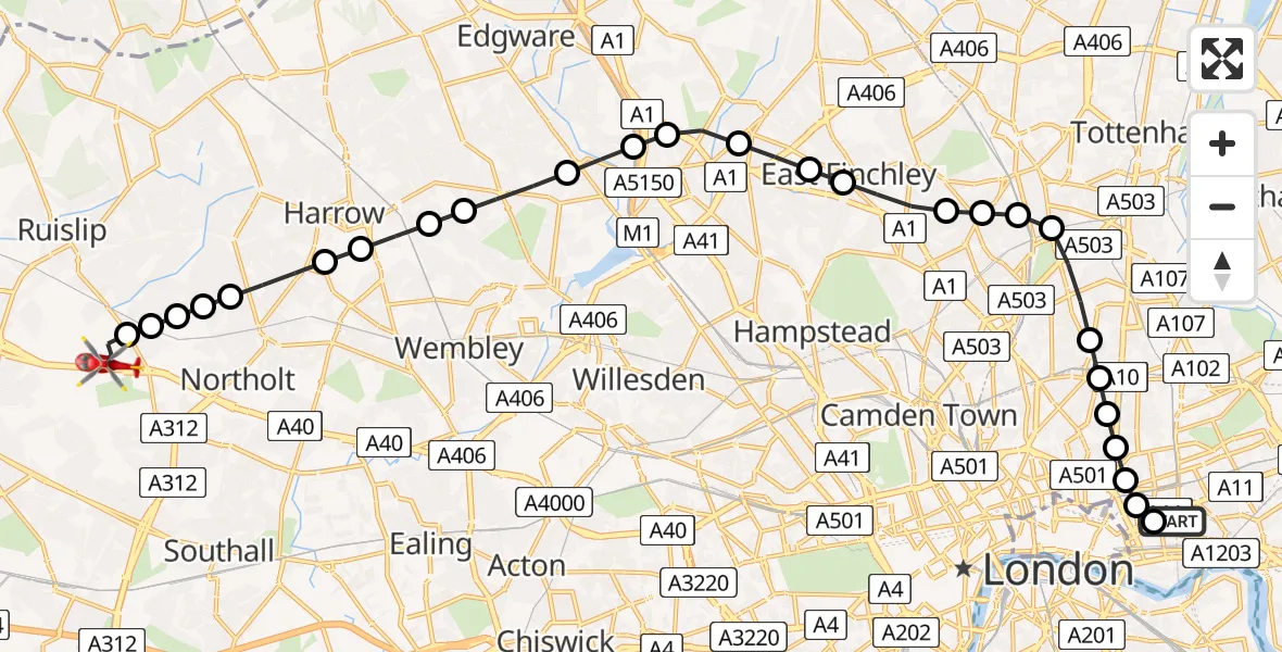 Flight route Air Ambulance Helicopter Royal London Hospital - RAF Northolt, 01 July 2026, 20:23