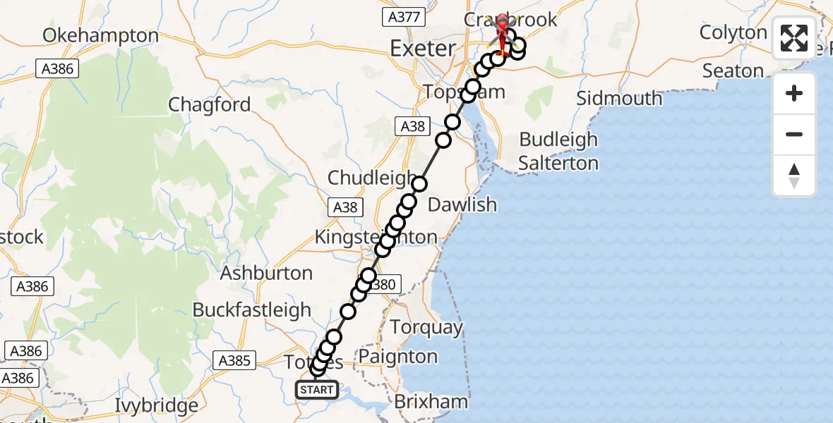 Flight route Air Ambulance Helicopter Ashprington - Exeter International Airport, 01 July 2026, 20:24