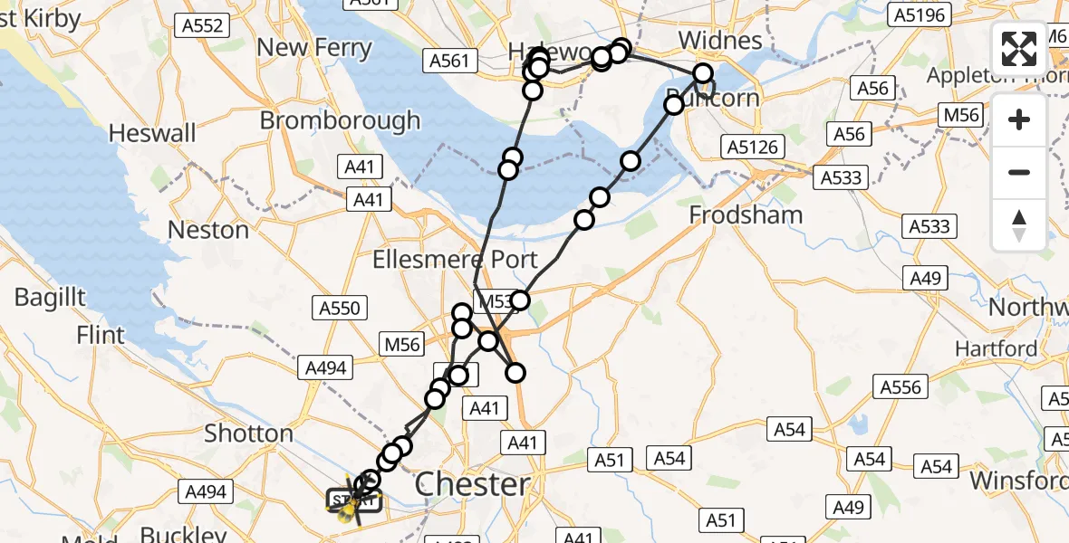 Flight route Police Helicopter Hawarden Airport - Hawarden Airport, 01 July 2026, 20:33