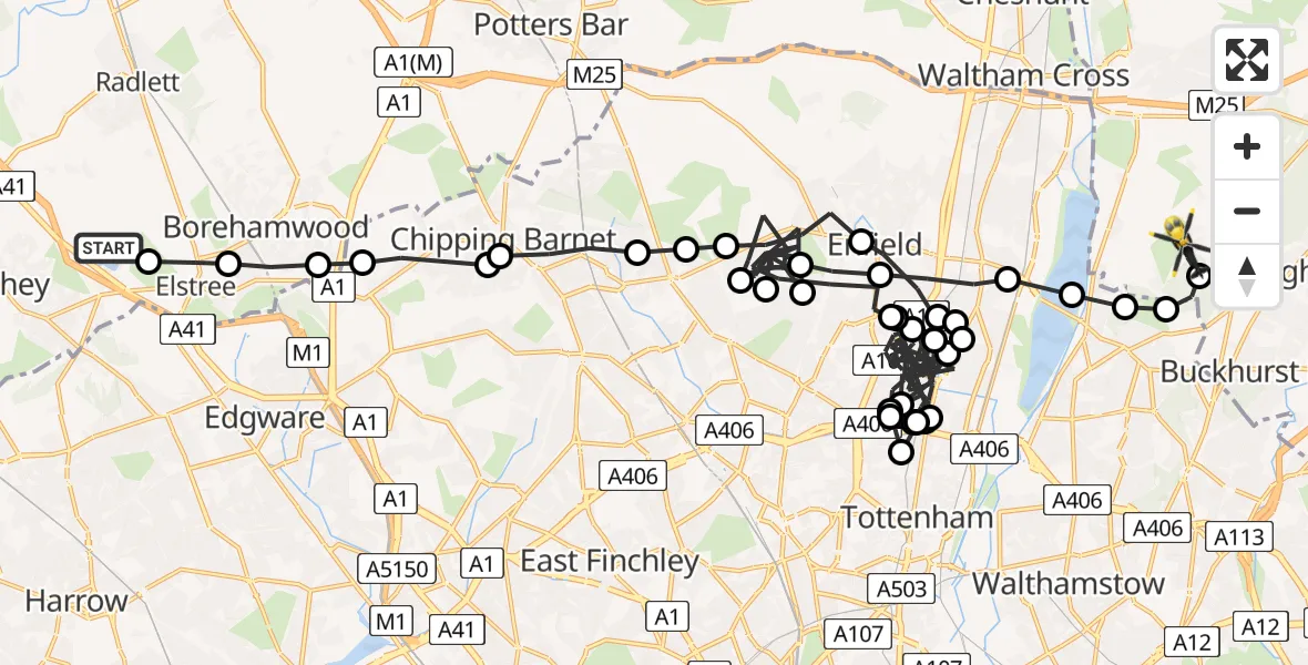 Flight route Police Helicopter Elstree Airfield - Sewardstonebury, 01 July 2026, 20:38