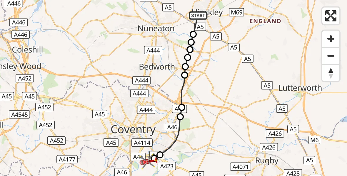 Flight route Air Ambulance Helicopter Hinckley - Coventry Airport, 01 July 2026, 20:43