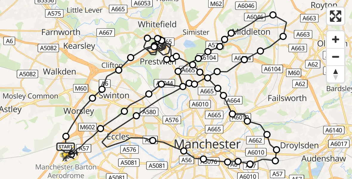 Flight route Police Helicopter Worsley - Manchester Barton Aerodrome, 01 July 2026, 20:45