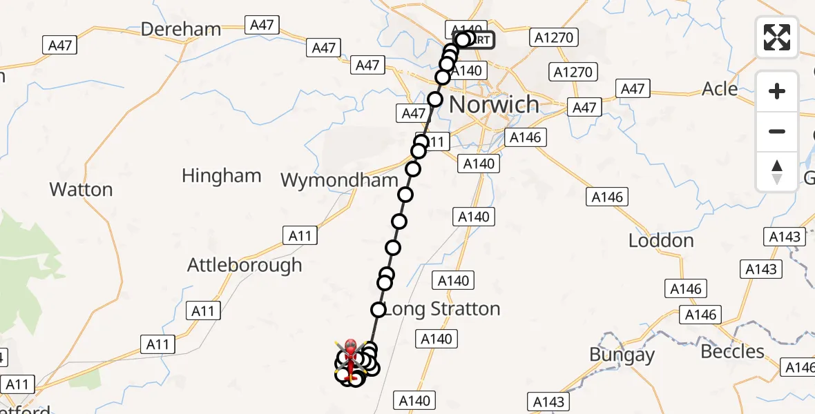 Flight route Air Ambulance Helicopter Norwich Airport - Priory Farm Airstrip, 01 July 2026, 20:55