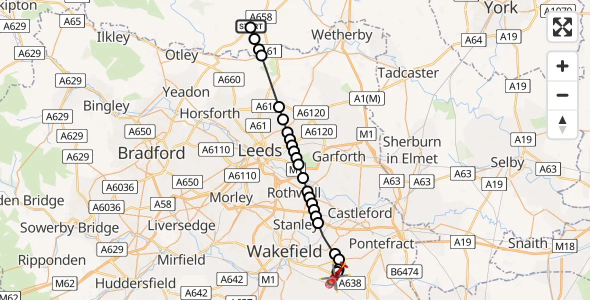 Flight route Air Ambulance Helicopter North Rigton - YAA Nostell Helicopter Port, 01 July 2026, 21:05