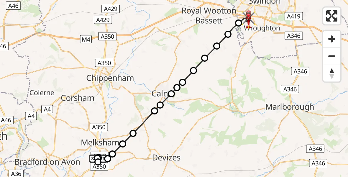 Flight route Air Ambulance Helicopter Wiltshire Air Ambulance - Wroughton, 01 July 2026, 21:07