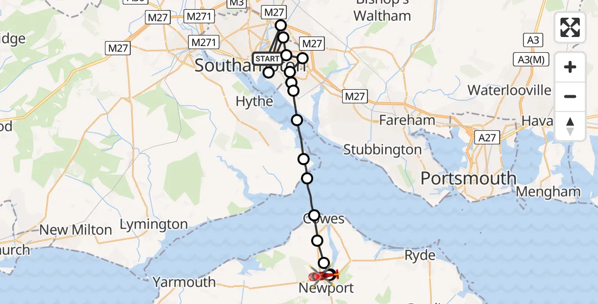 Flight route Air Ambulance Helicopter Southampton - Newport, 01 July 2026, 21:17