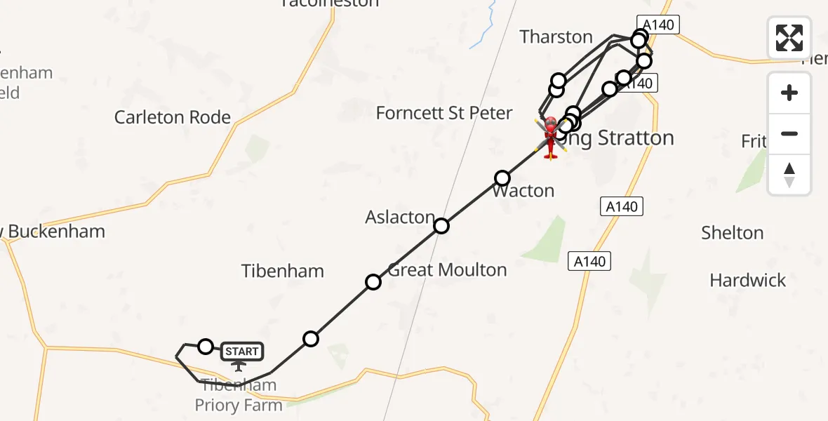 Flight route Air Ambulance Helicopter Priory Farm Airstrip - Long Stratton Airstrip, 01 July 2026, 21:20