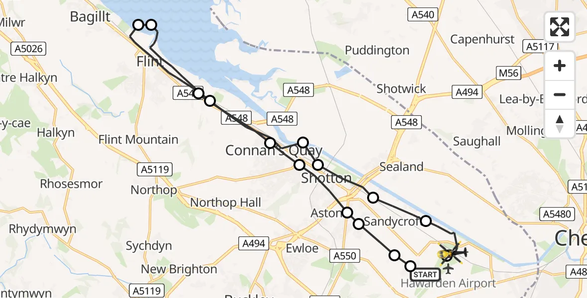 Flight route Police Helicopter Hawarden Airport - Hawarden Airport, 01 July 2026, 21:36
