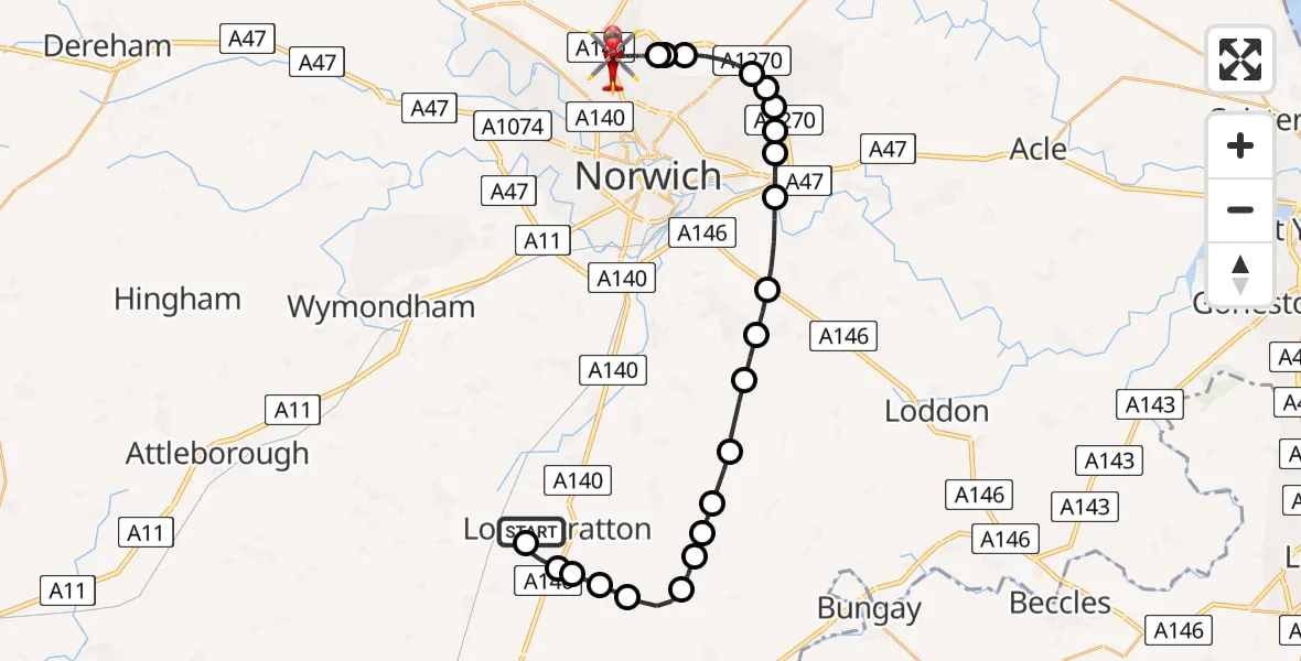 Flight route Air Ambulance Helicopter Long Stratton Airstrip - Norwich Airport, 01 July 2026, 21:40