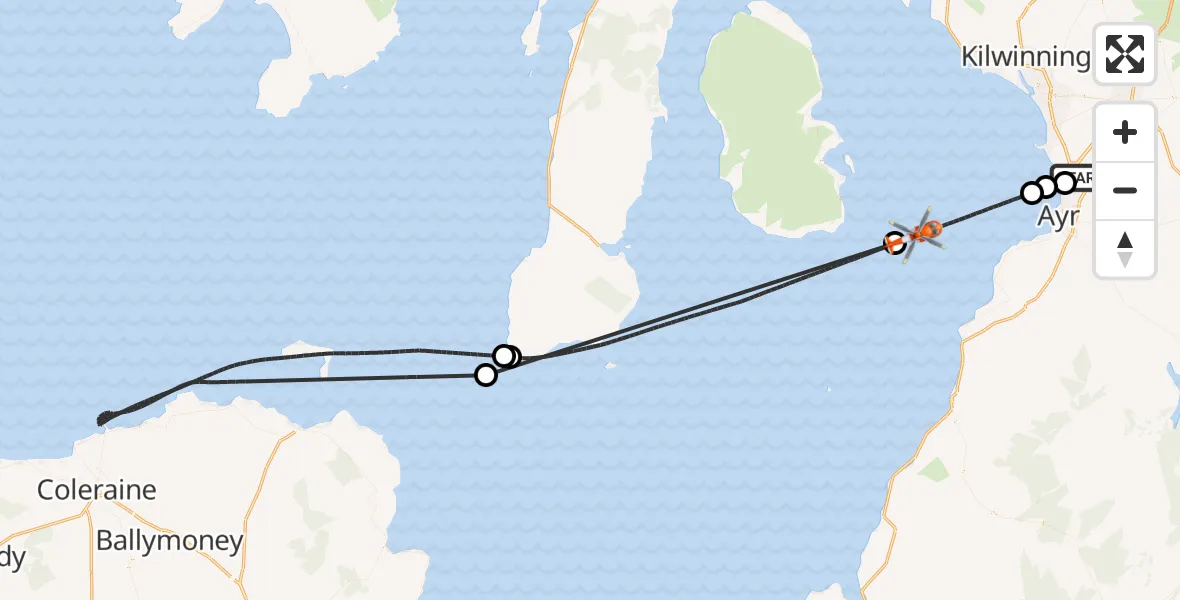 Flight route Coastguard Helicopter Glasgow Prestwick Airport - Inner Seas, 01 July 2026, 21:46