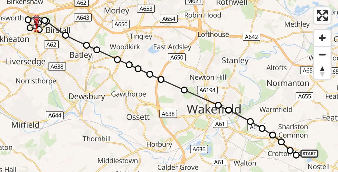 Flight route Air Ambulance Helicopter YAA Nostell Helicopter Port - Birstall, 01 July 2026, 21:51